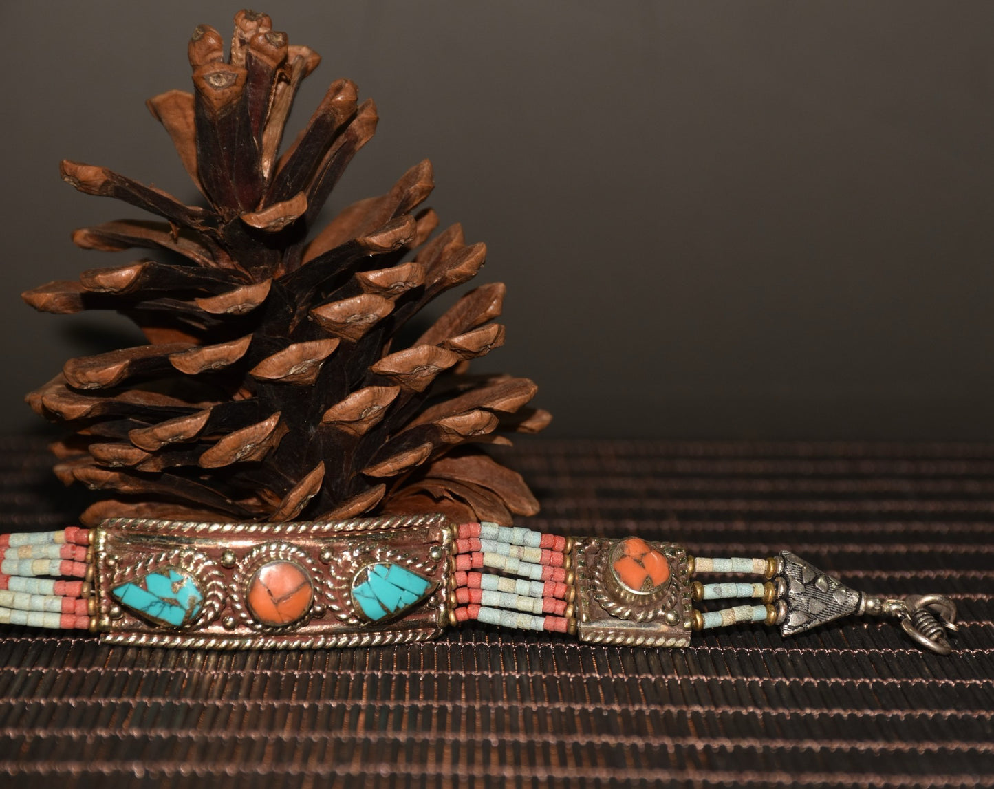 Chinese antique white copper inlaid green pine and ruby bracelets