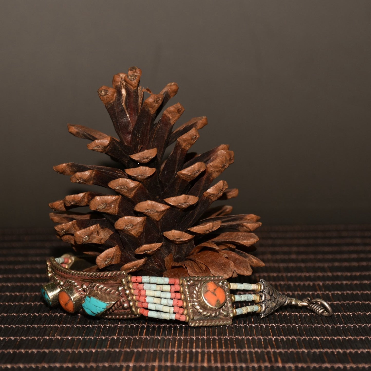 Chinese antique white copper inlaid green pine and ruby bracelets