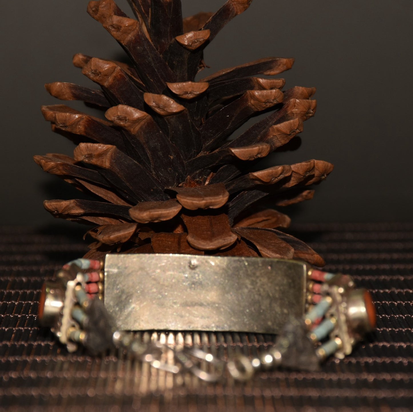 Chinese antique white copper inlaid green pine and ruby bracelets