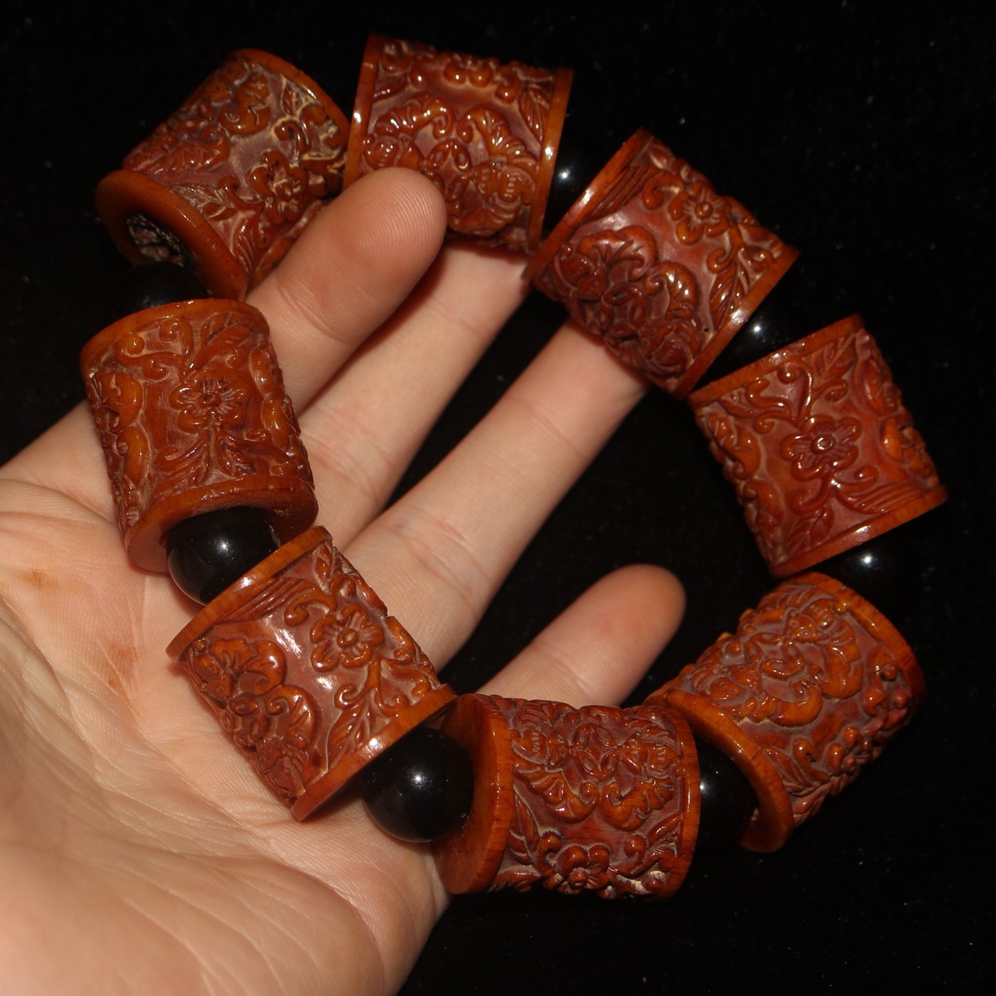 Chinese antique pure cow bone bucket bead carved bracelet