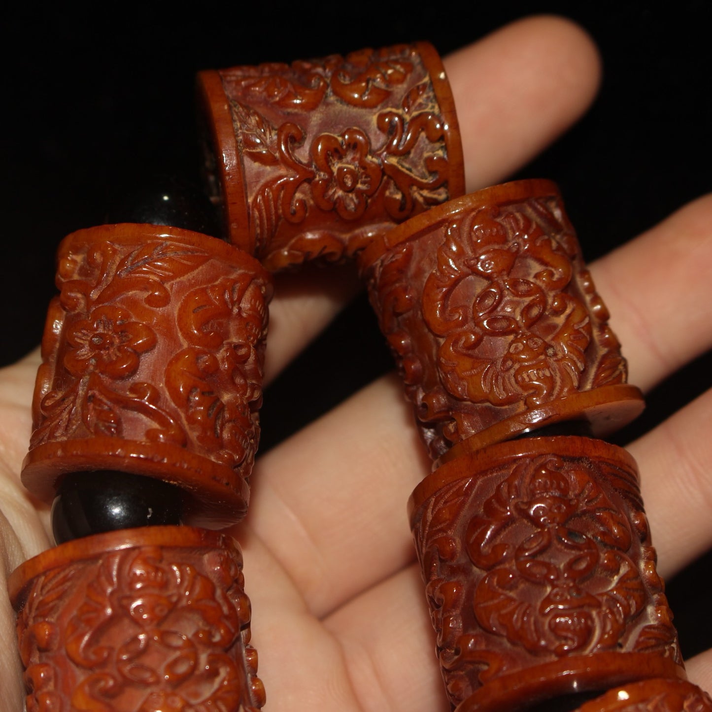 Chinese antique pure cow bone bucket bead carved bracelet