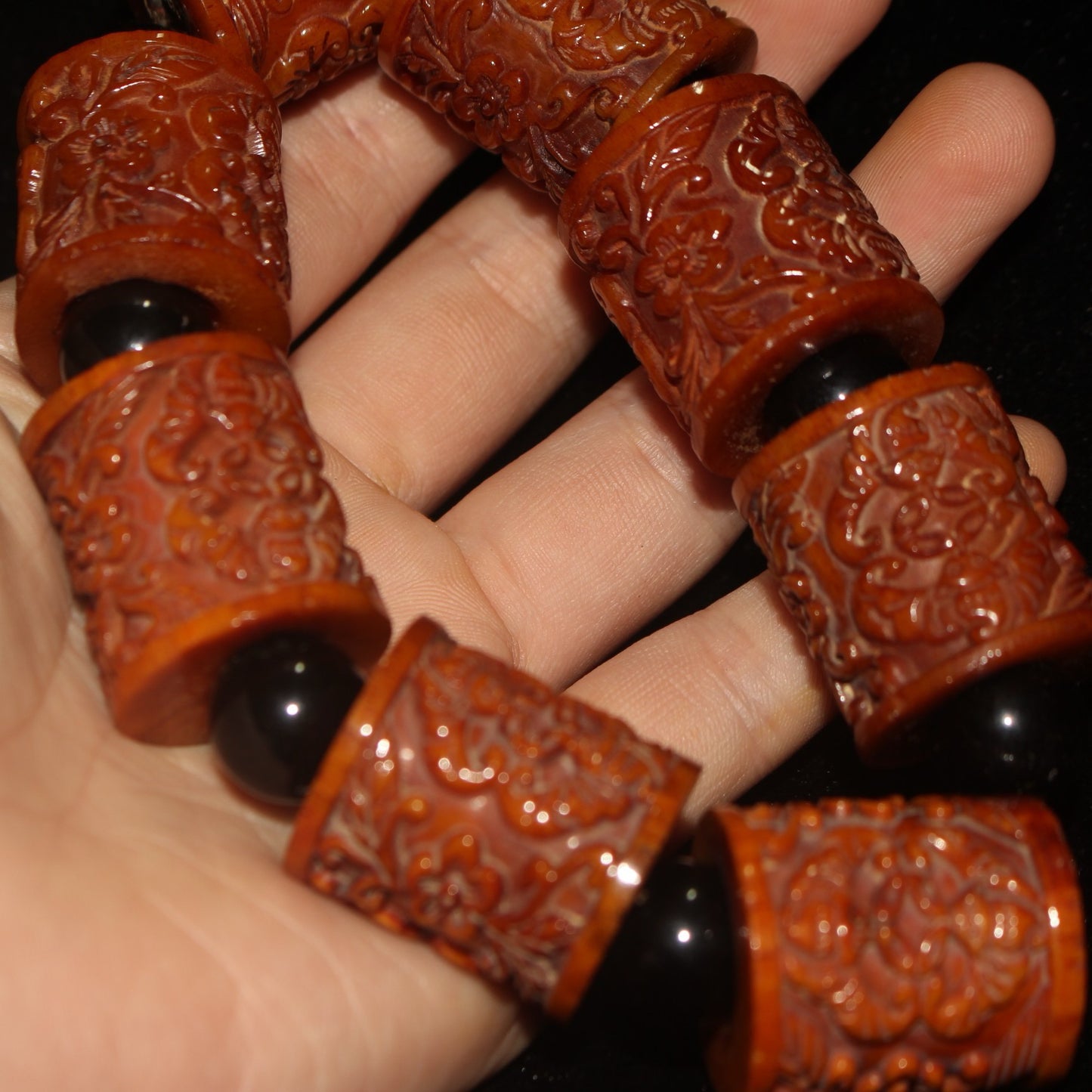 Chinese antique pure cow bone bucket bead carved bracelet