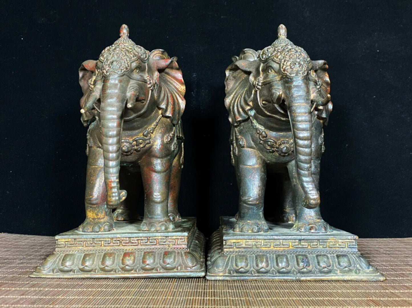 A pair of Chinese antique pure copper elephant lotus wax stands