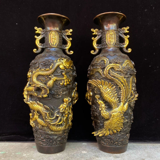 A pair of Chinese antique pure copper dragon and phoenix auspicious vases