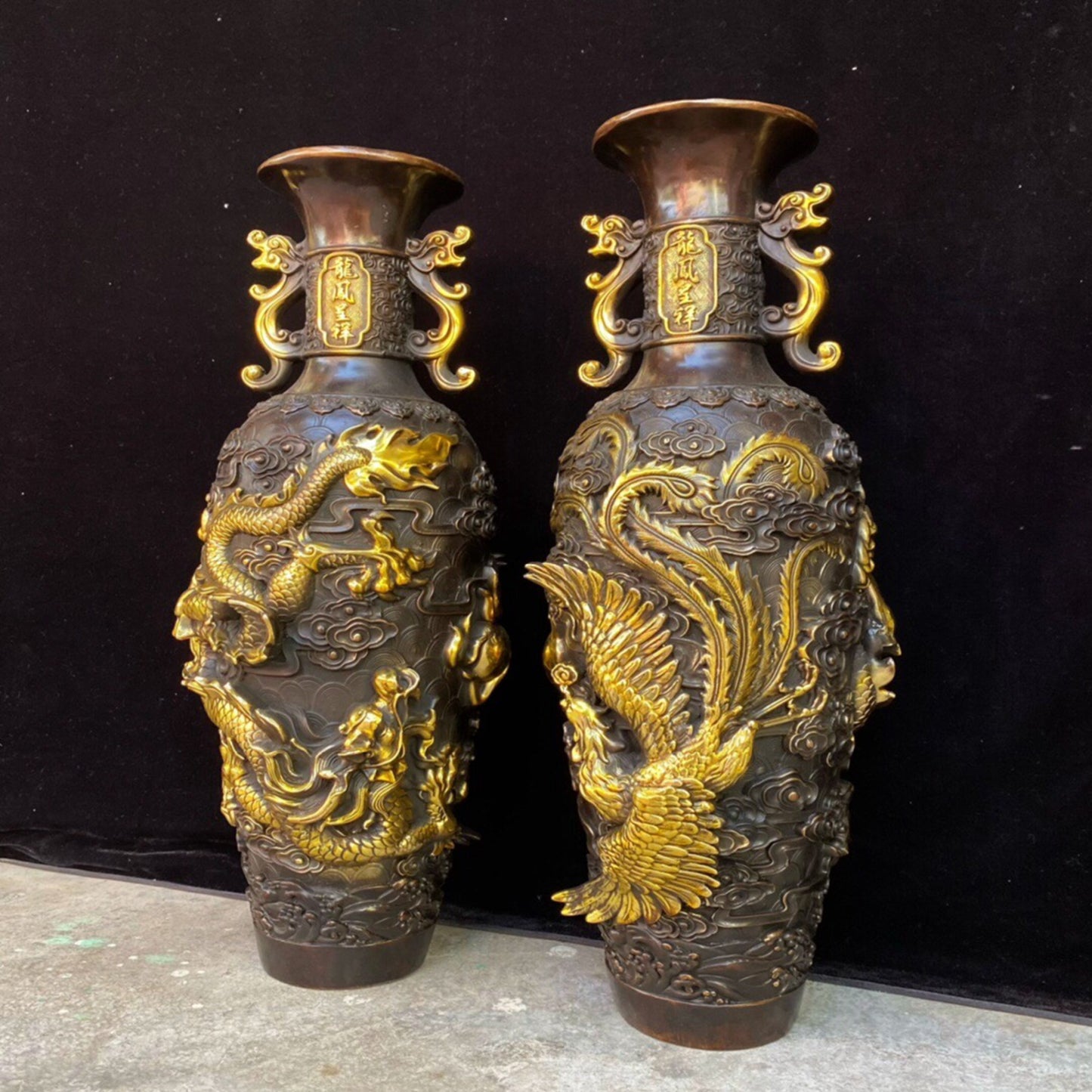 A pair of Chinese antique pure copper dragon and phoenix auspicious vases