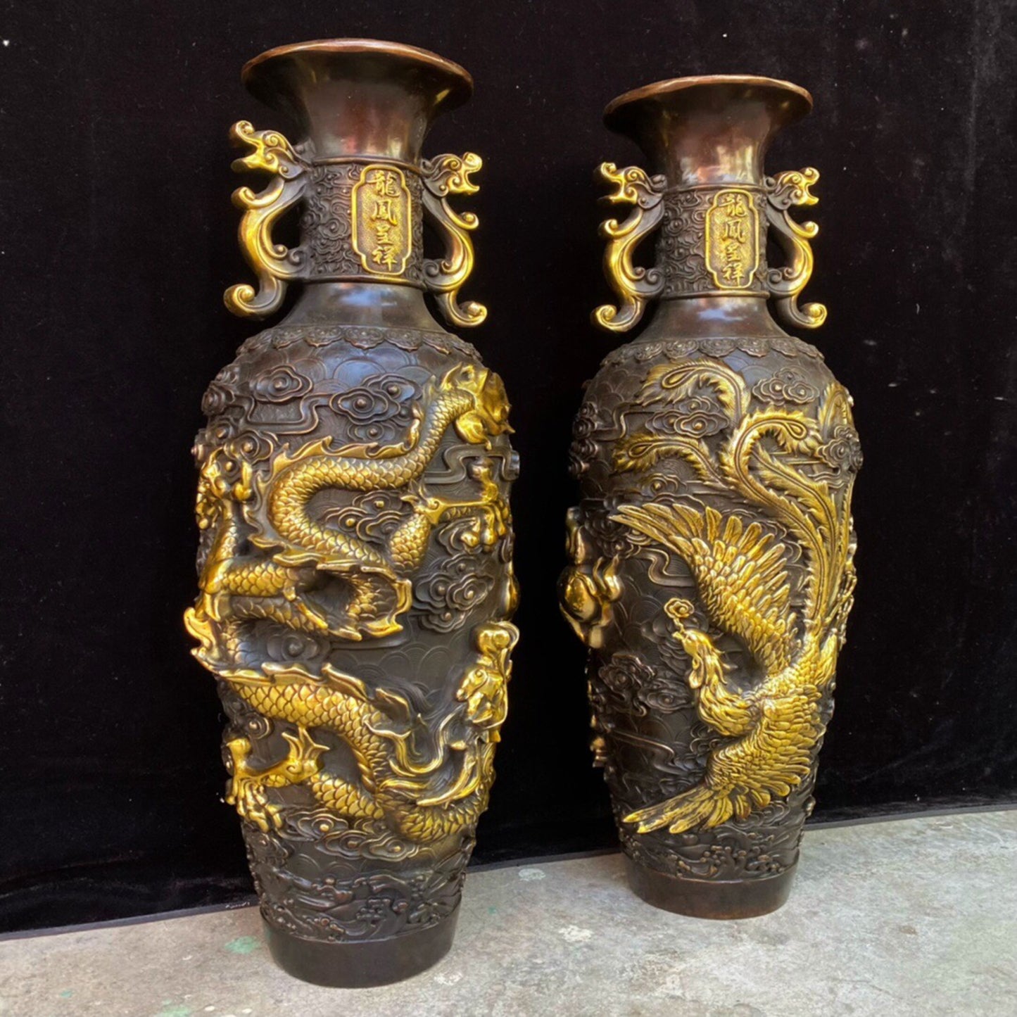 A pair of Chinese antique pure copper dragon and phoenix auspicious vases