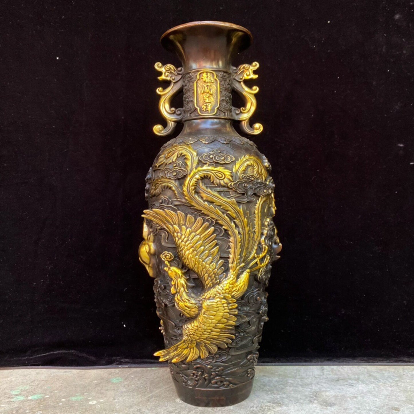 A pair of Chinese antique pure copper dragon and phoenix auspicious vases