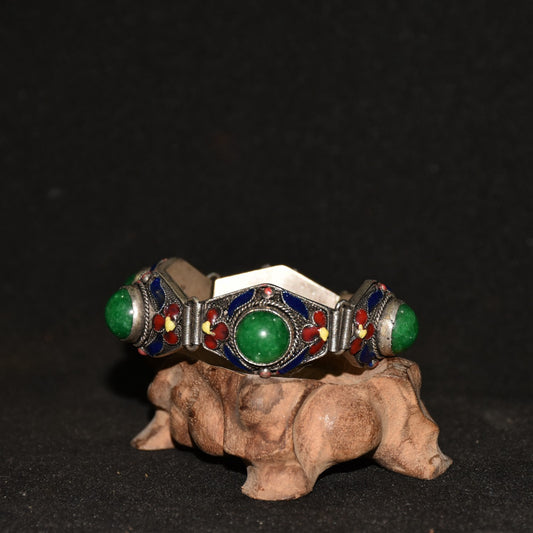 Chinese antique white copper cloisonne inlaid with emerald gemstone bracelets