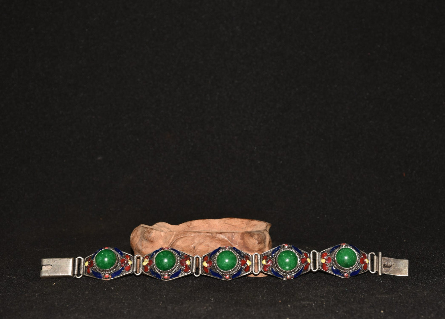 Chinese antique white copper cloisonne inlaid with emerald gemstone bracelets