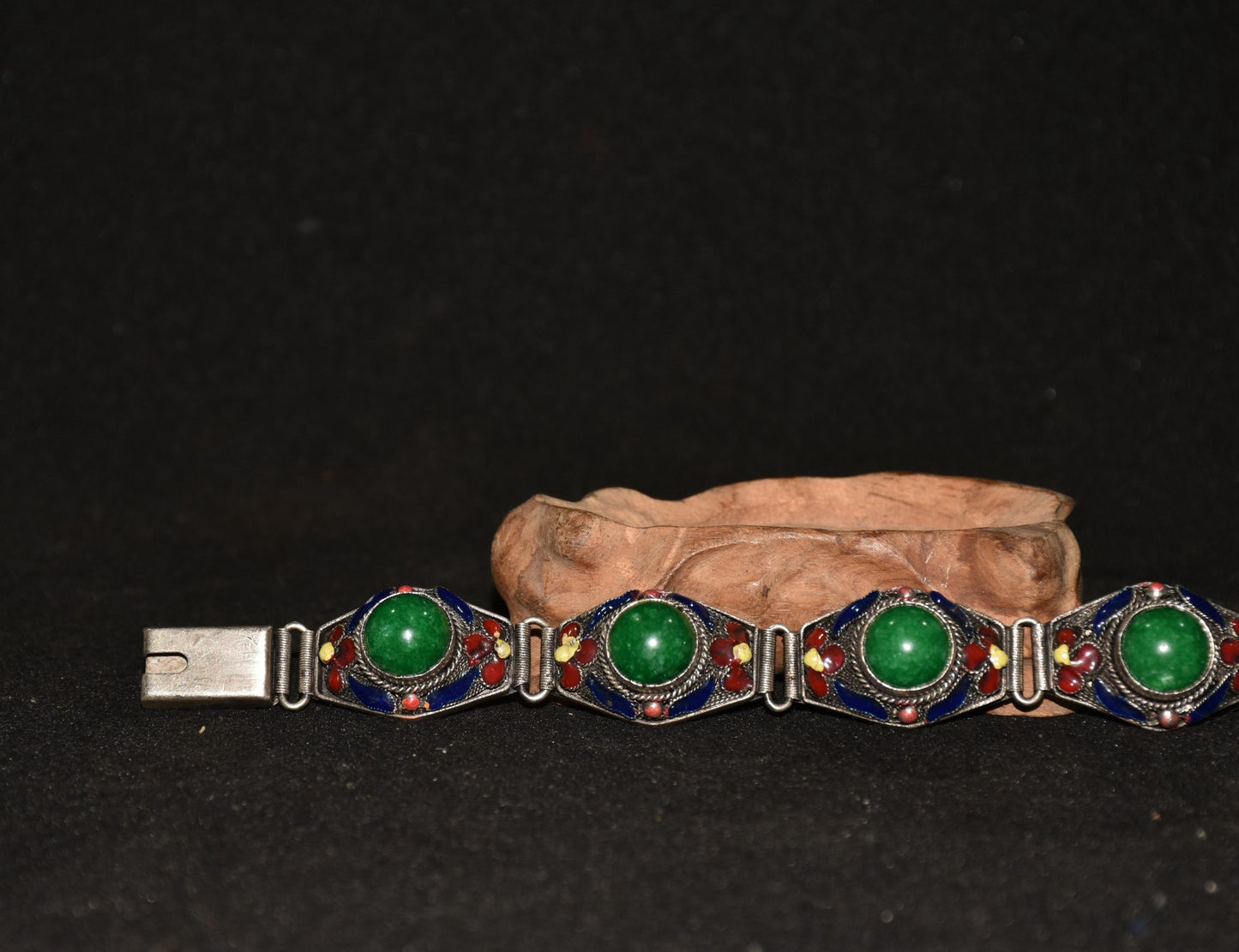 Chinese antique white copper cloisonne inlaid with emerald gemstone bracelets