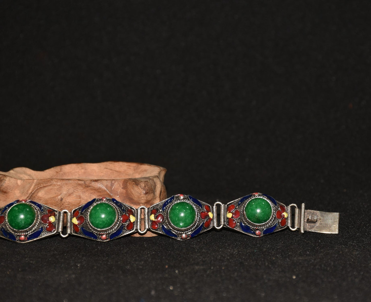 Chinese antique white copper cloisonne inlaid with emerald gemstone bracelets