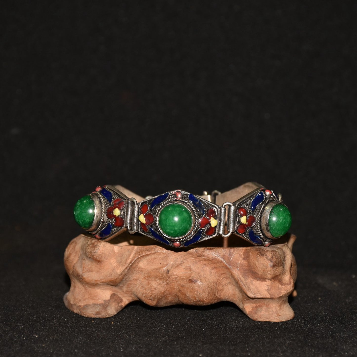 Chinese antique white copper cloisonne inlaid with emerald gemstone bracelets