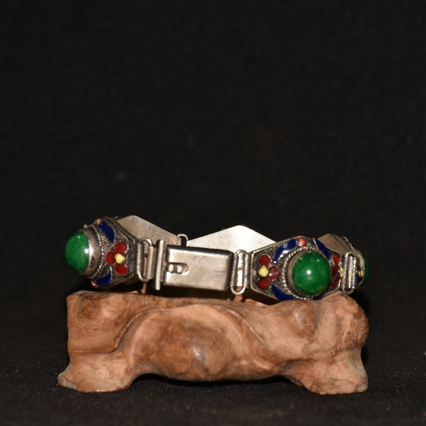 Chinese antique white copper cloisonne inlaid with emerald gemstone bracelets