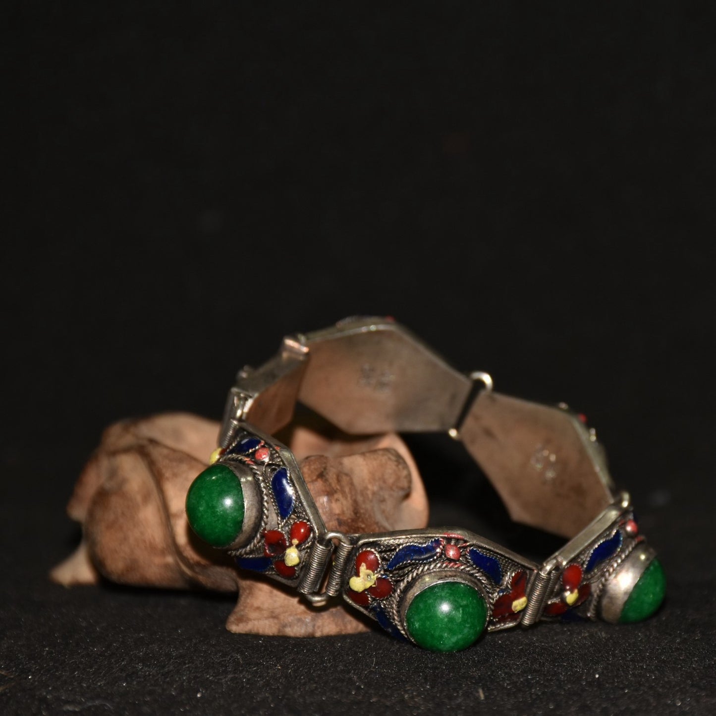 Chinese antique white copper cloisonne inlaid with emerald gemstone bracelets