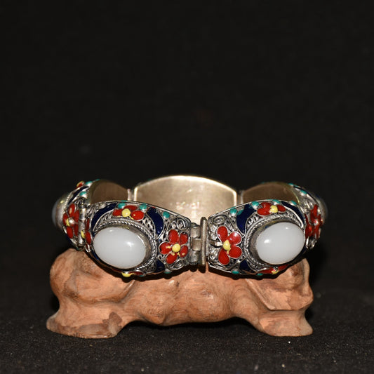 Chinese antique white copper cloisonne inlaid with white jade and gemstone bracelets