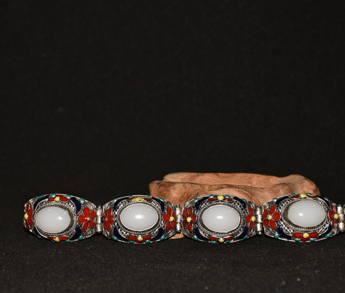 Chinese antique white copper cloisonne inlaid with white jade and gemstone bracelets