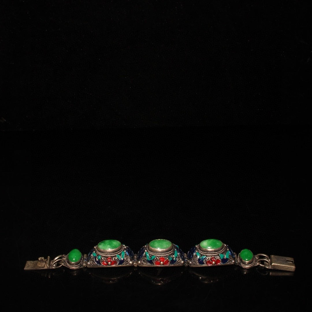 Chinese antique white copper cloisonne inlaid with emerald gemstone bracelets