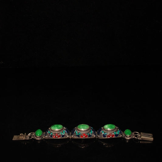 Chinese antique white copper cloisonne inlaid with emerald gemstone bracelets