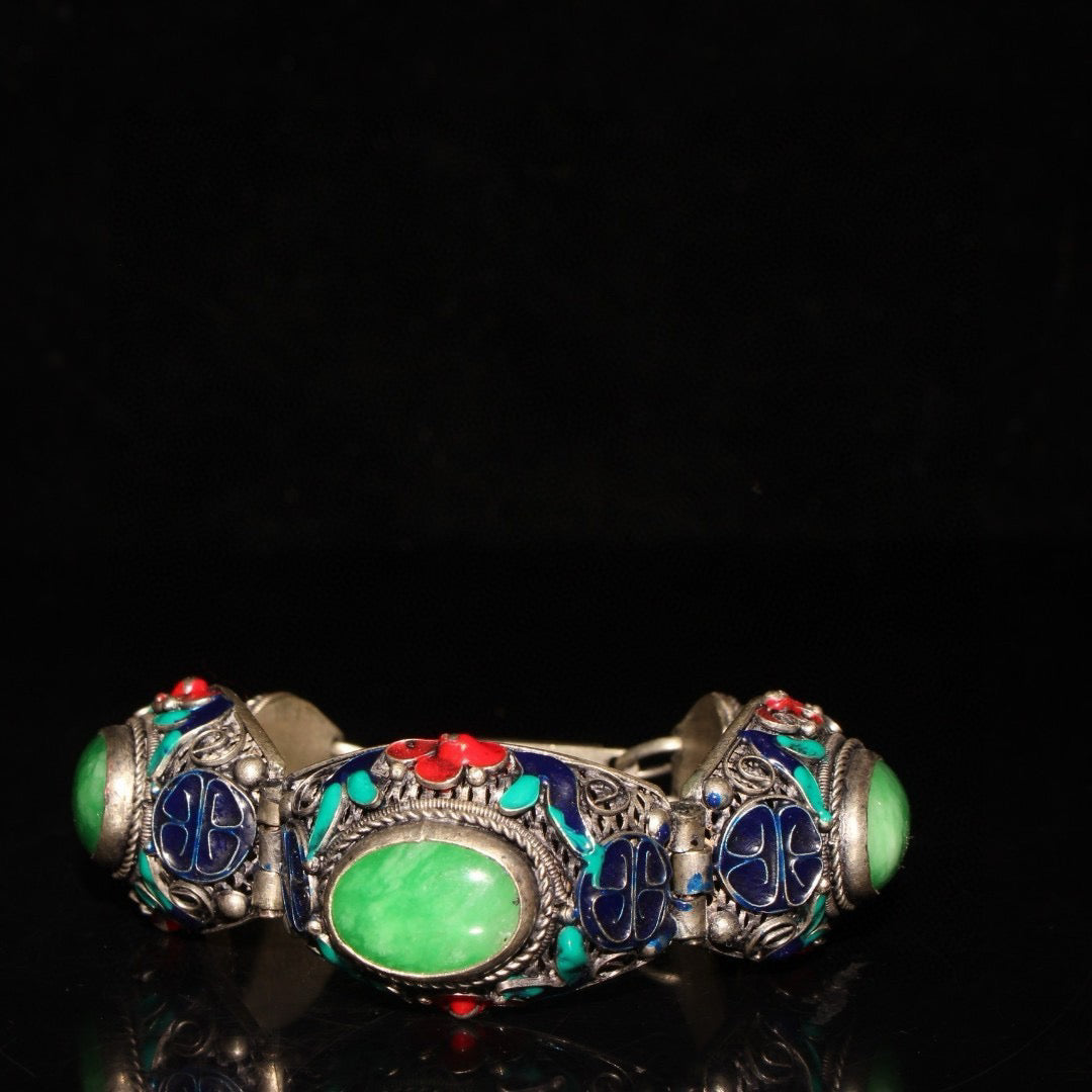 Chinese antique white copper cloisonne inlaid with emerald gemstone bracelets