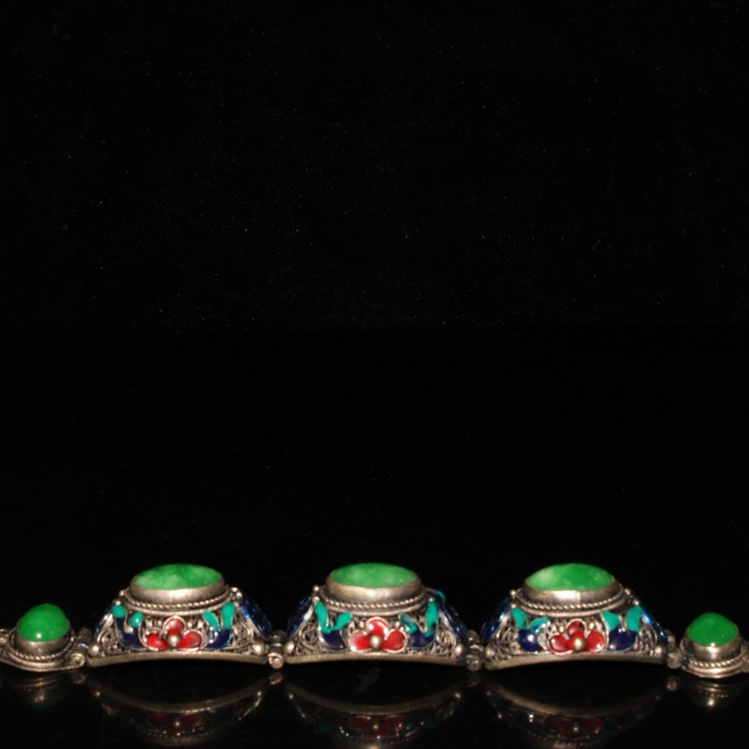 Chinese antique white copper cloisonne inlaid with emerald gemstone bracelets