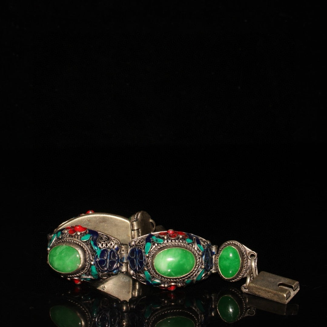 Chinese antique white copper cloisonne inlaid with emerald gemstone bracelets