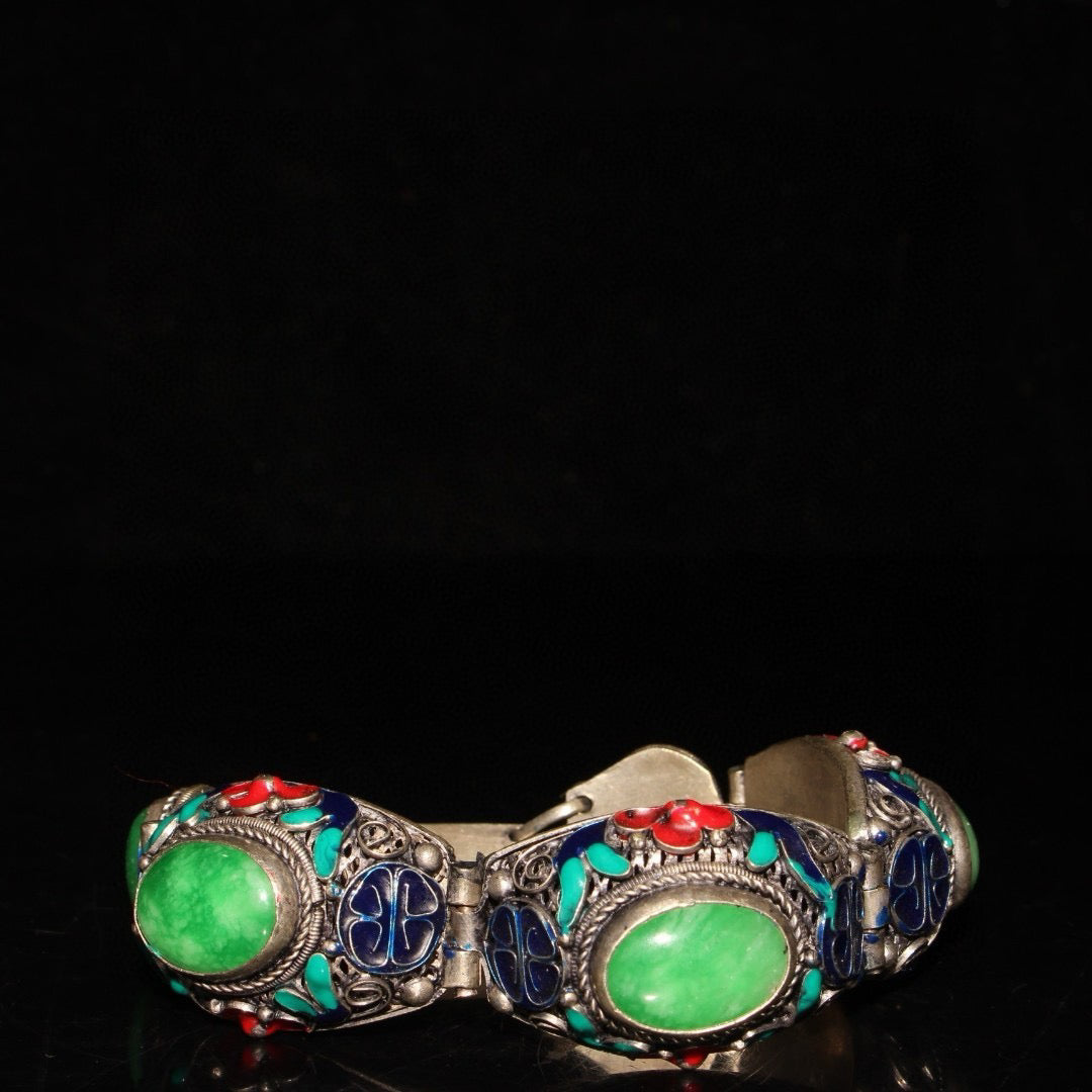 Chinese antique white copper cloisonne inlaid with emerald gemstone bracelets
