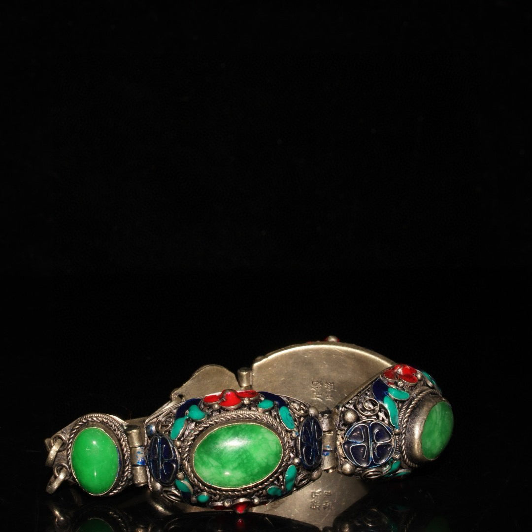 Chinese antique white copper cloisonne inlaid with emerald gemstone bracelets