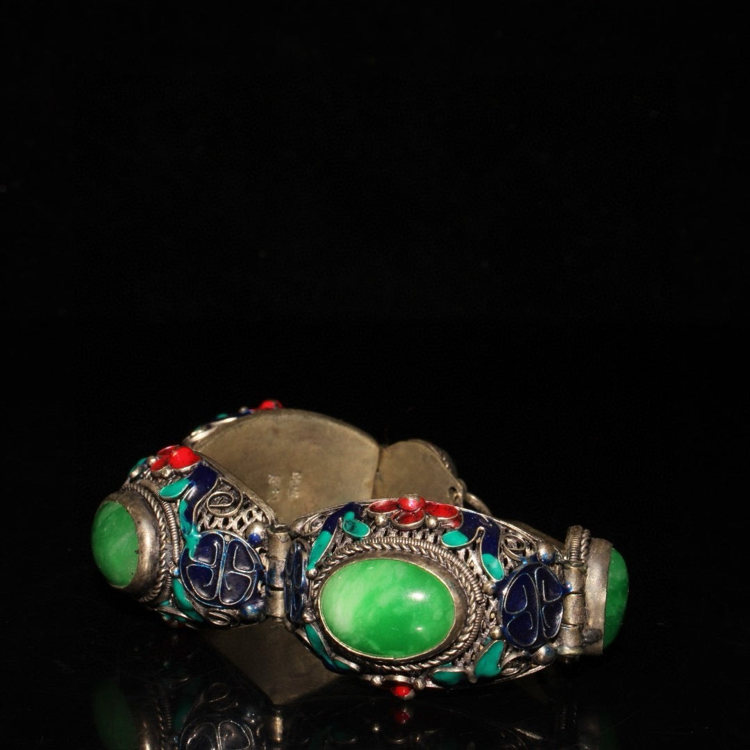 Chinese antique white copper cloisonne inlaid with emerald gemstone bracelets