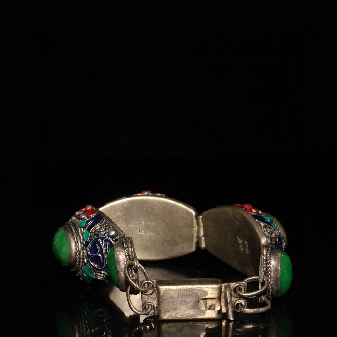 Chinese antique white copper cloisonne inlaid with emerald gemstone bracelets