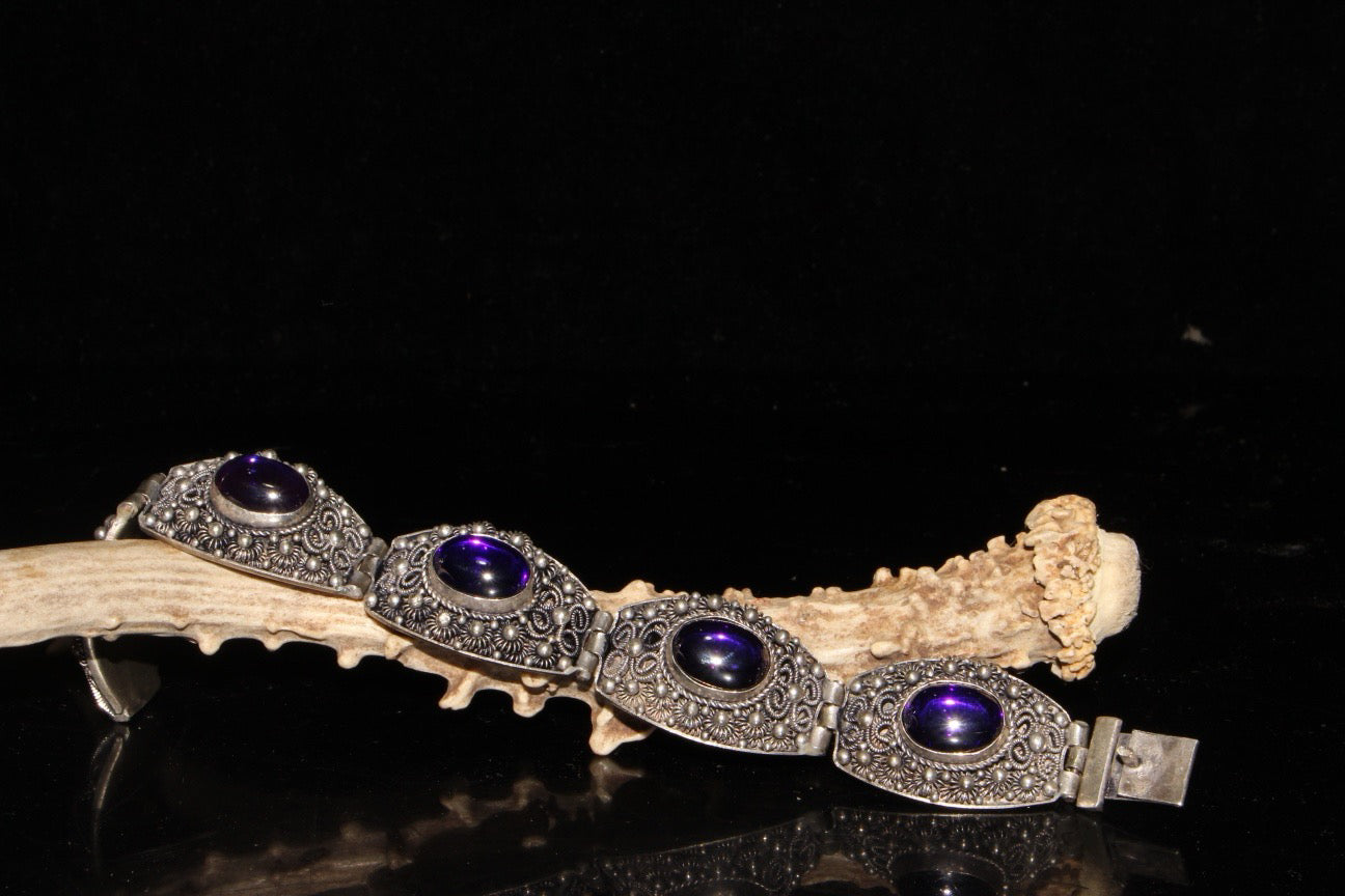 Chinese antique white copper inlaid zircon gemstone bracelet