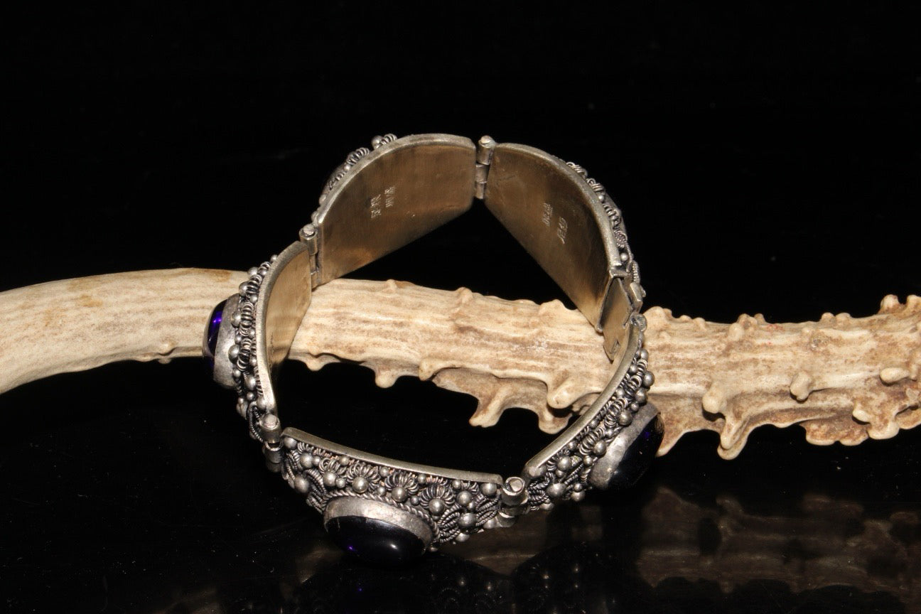 Chinese antique white copper inlaid zircon gemstone bracelet