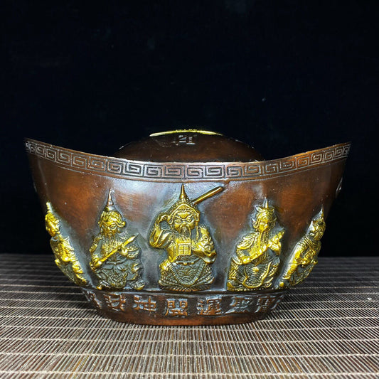 Chinese Antique Pure Copper Five Way Wealth God Kai Yun Da Yuanbao