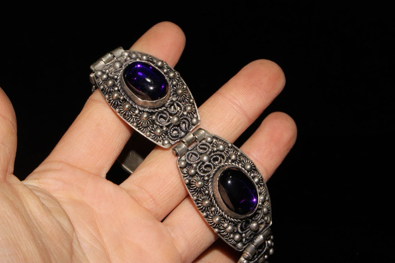 Chinese antique white copper inlaid zircon gemstone bracelet