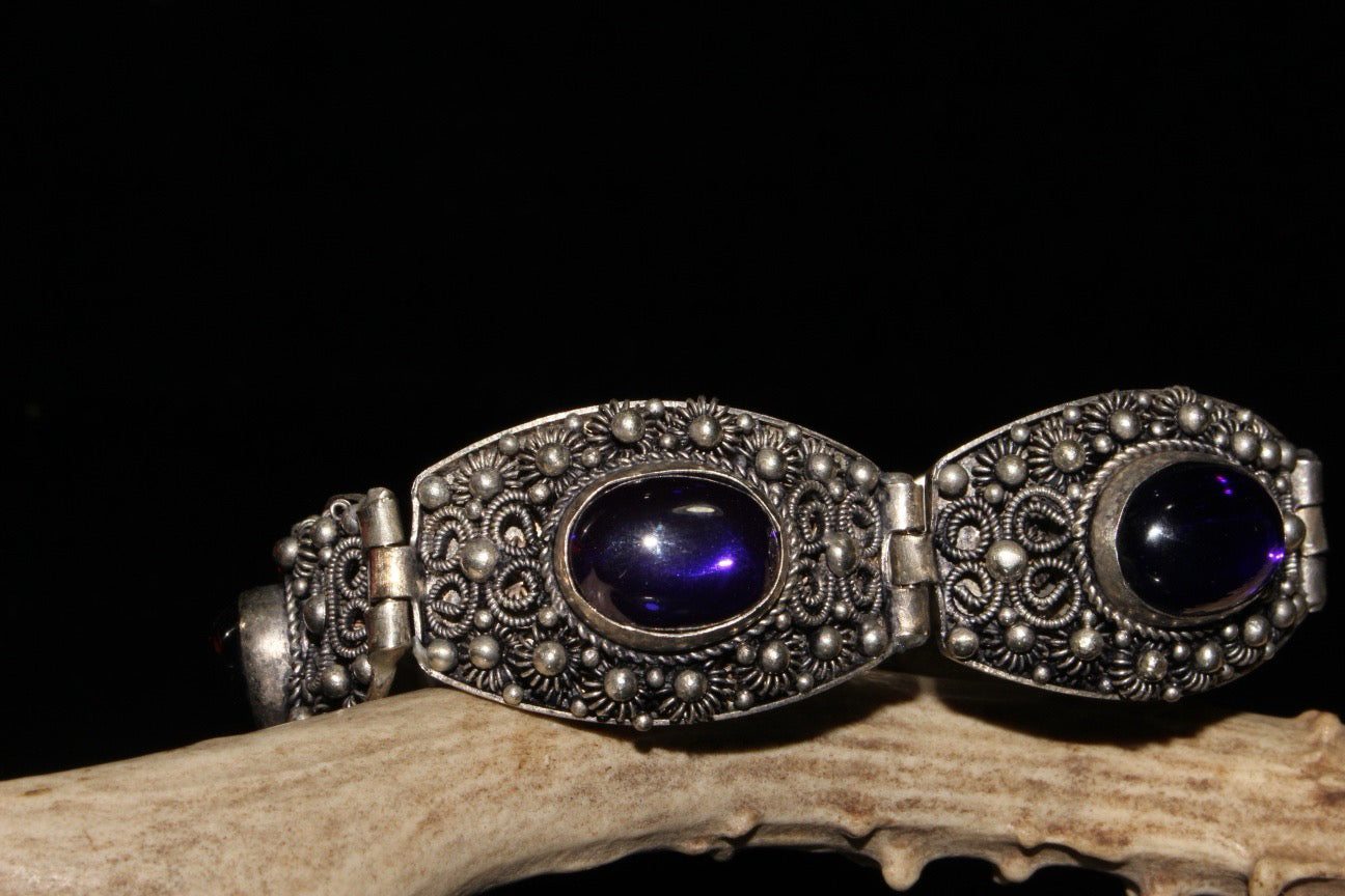 Chinese antique white copper inlaid zircon gemstone bracelet