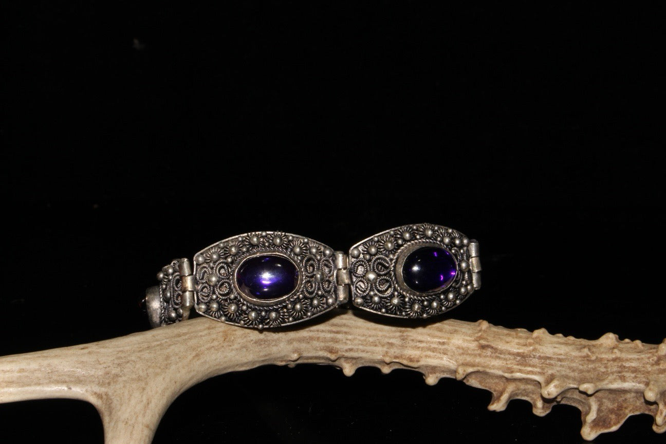 Chinese antique white copper inlaid zircon gemstone bracelet