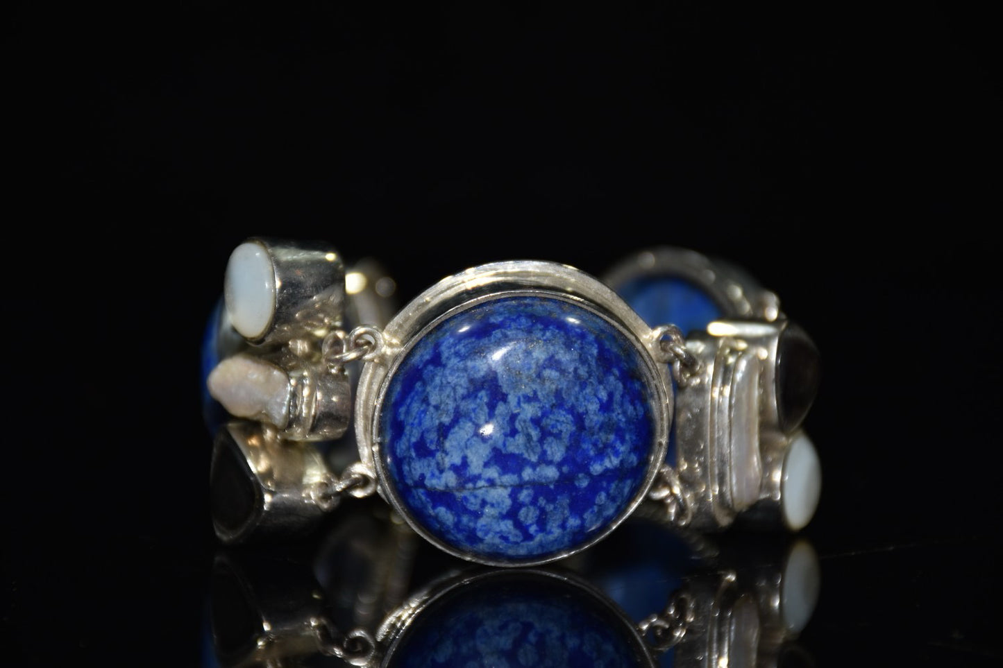 Chinese antique silver inlaid lapis lazuli shell bracelet ornament