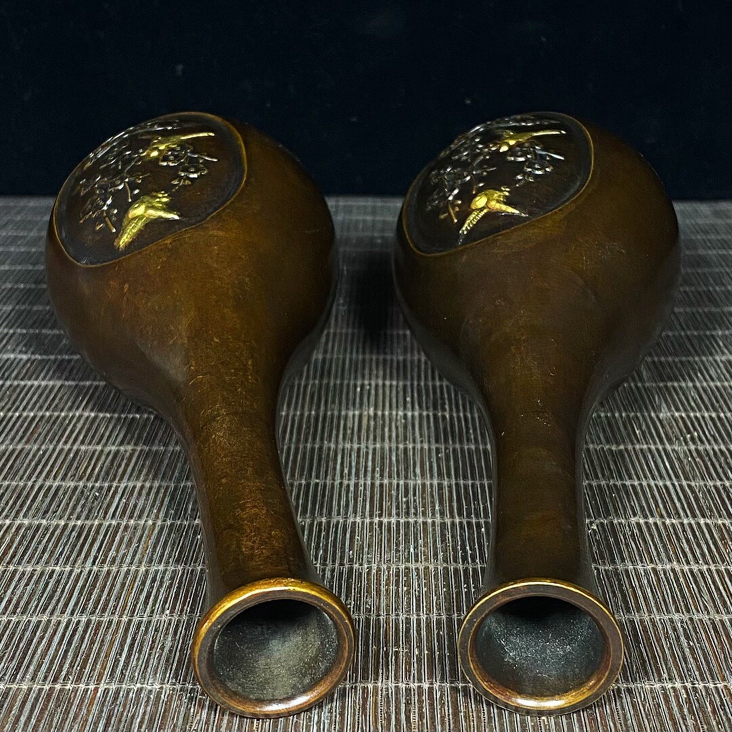 A pair of Chinese antique pure copper joyous eyebrow shaped vases