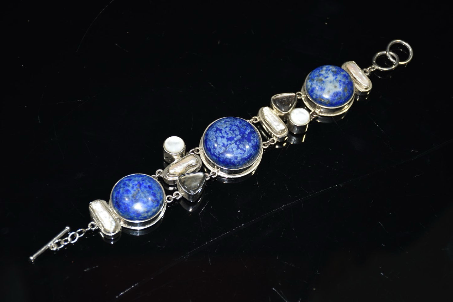 Chinese antique silver inlaid lapis lazuli shell bracelet ornament