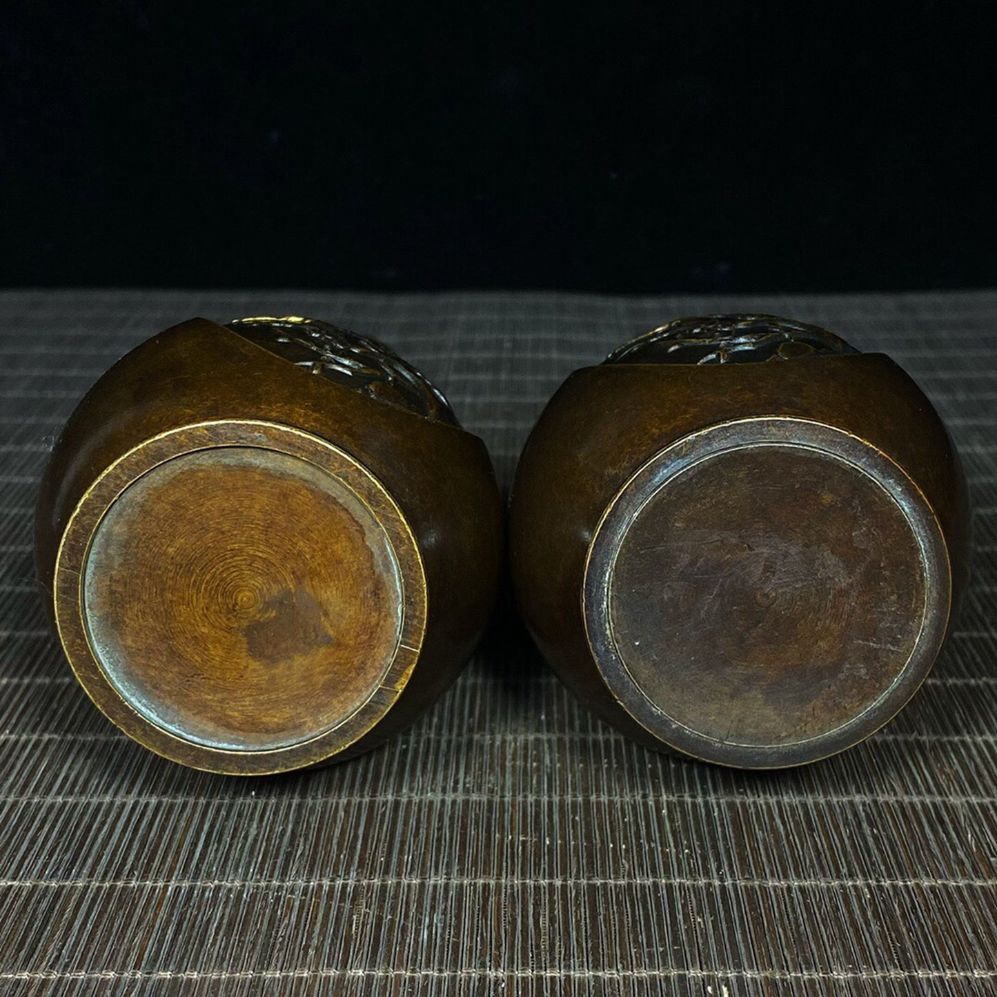 A pair of Chinese antique pure copper joyous eyebrow shaped vases