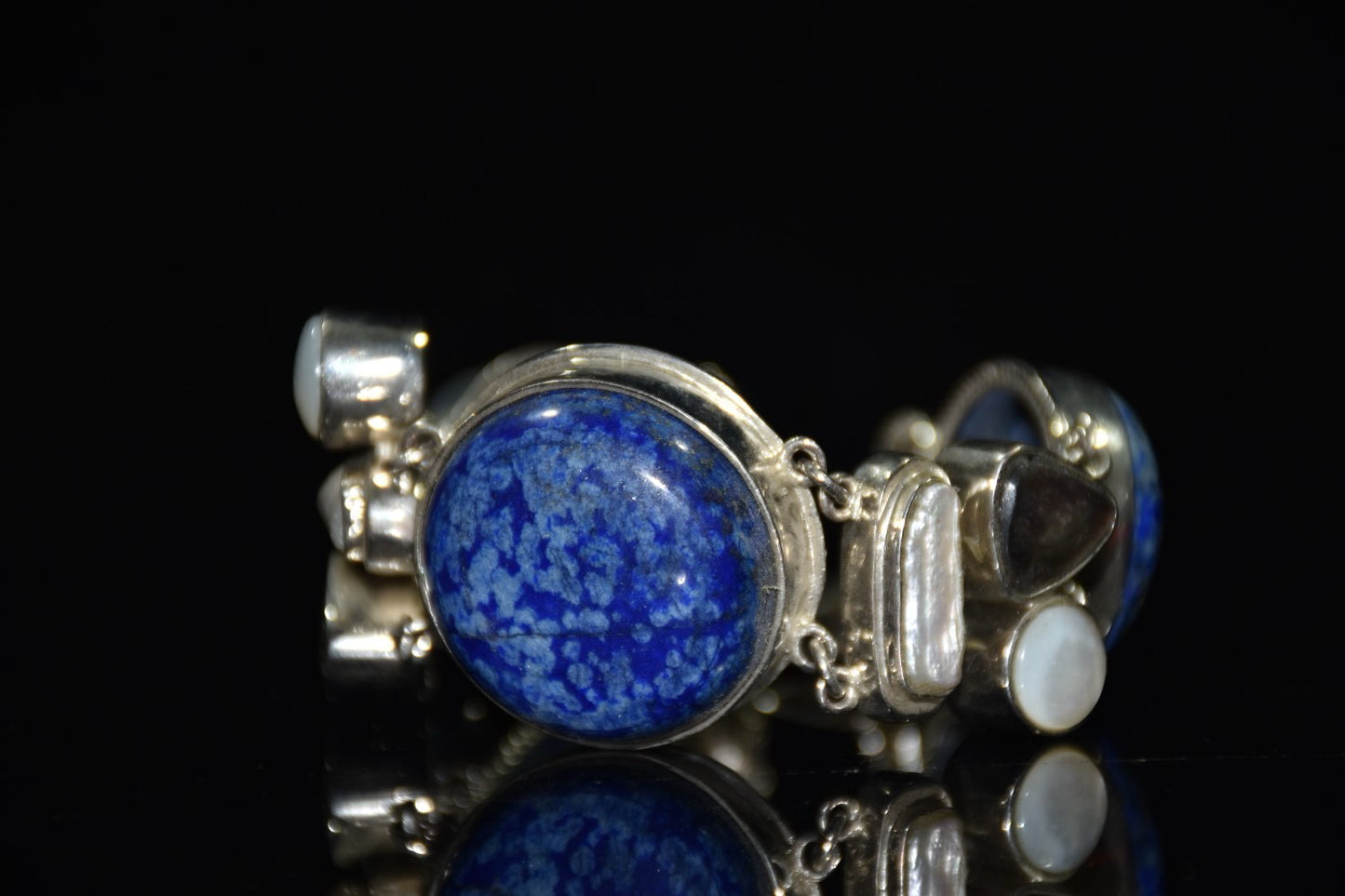 Chinese antique silver inlaid lapis lazuli shell bracelet ornament