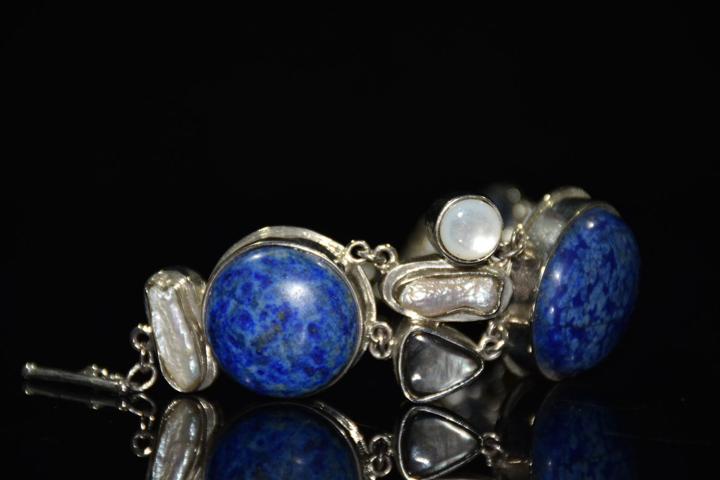 Chinese antique silver inlaid lapis lazuli shell bracelet ornament
