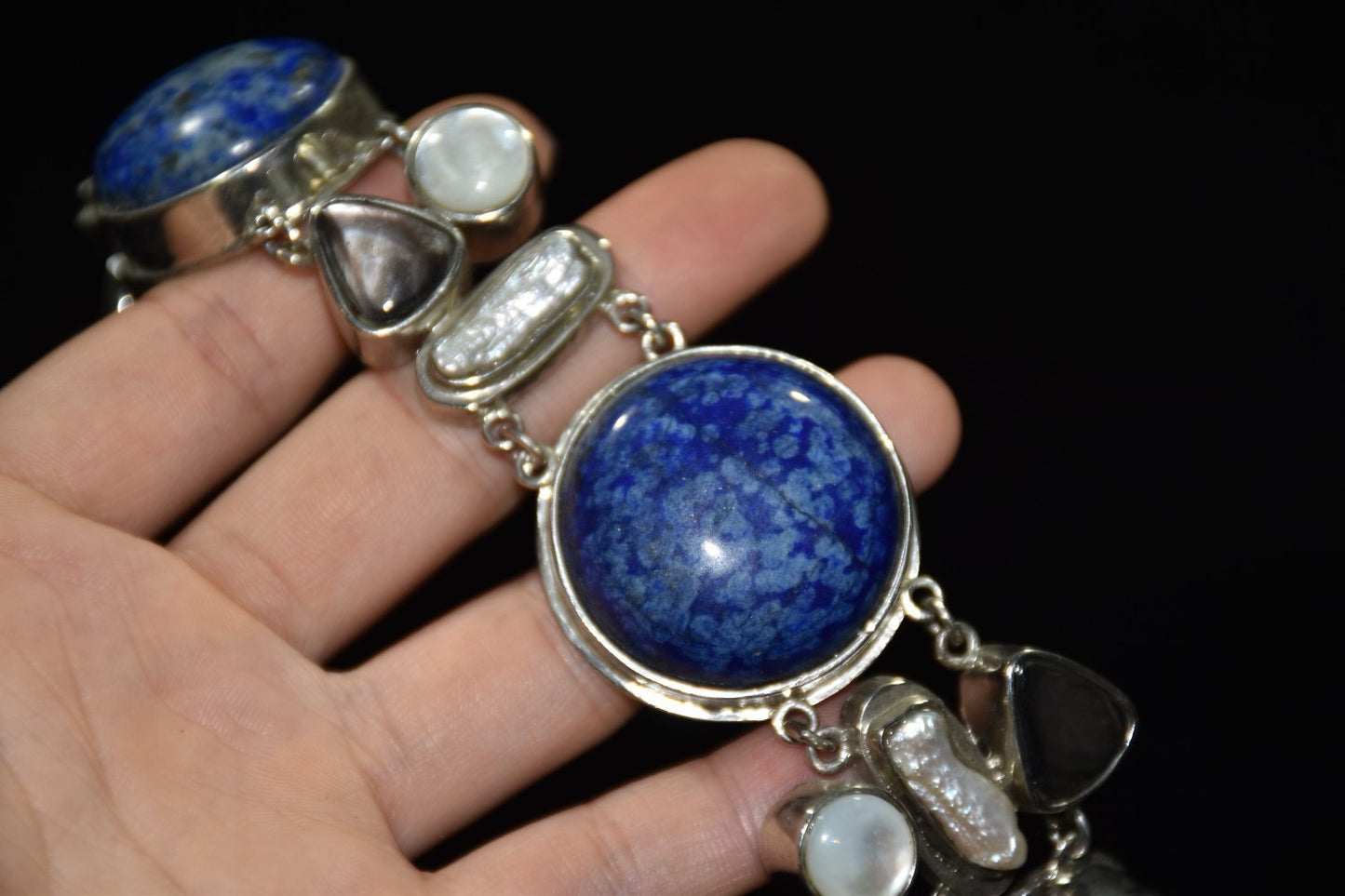 Chinese antique silver inlaid lapis lazuli shell bracelet ornament