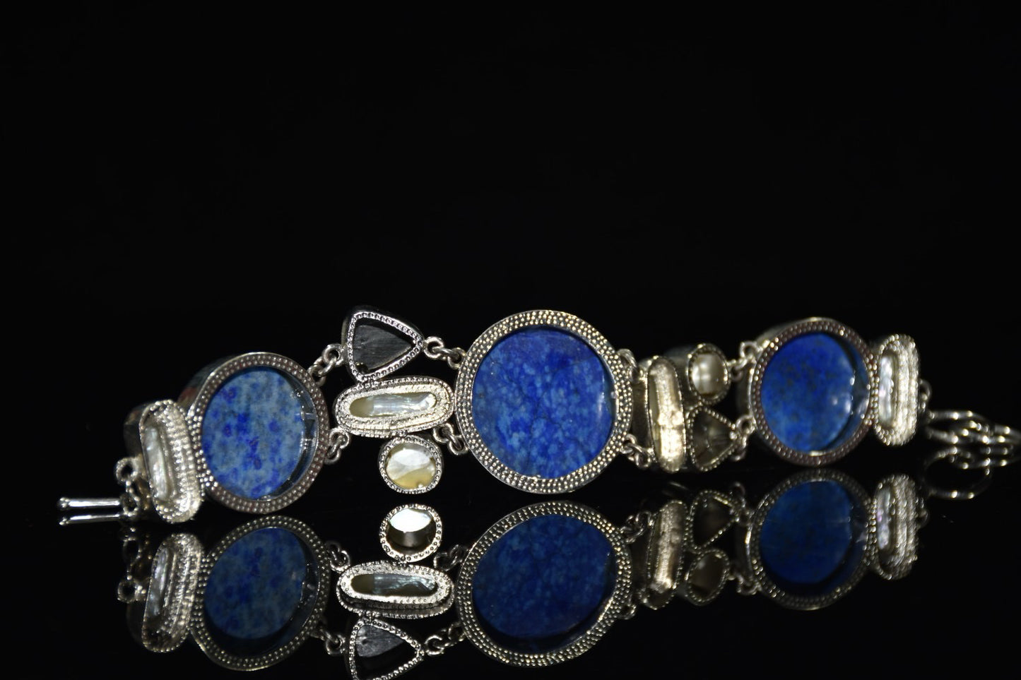 Chinese antique silver inlaid lapis lazuli shell bracelet ornament