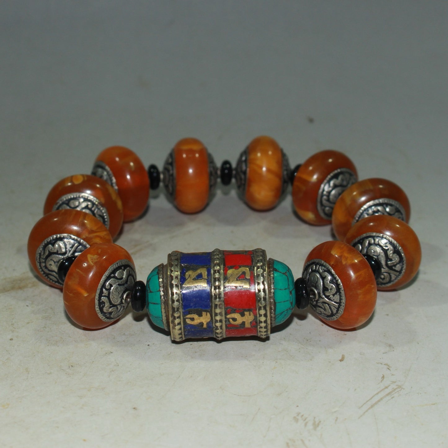 Xizang beeswax inlaid white copper beads with red pine, green pine, turquoise gold gem Tibetan scripture turning bracelet