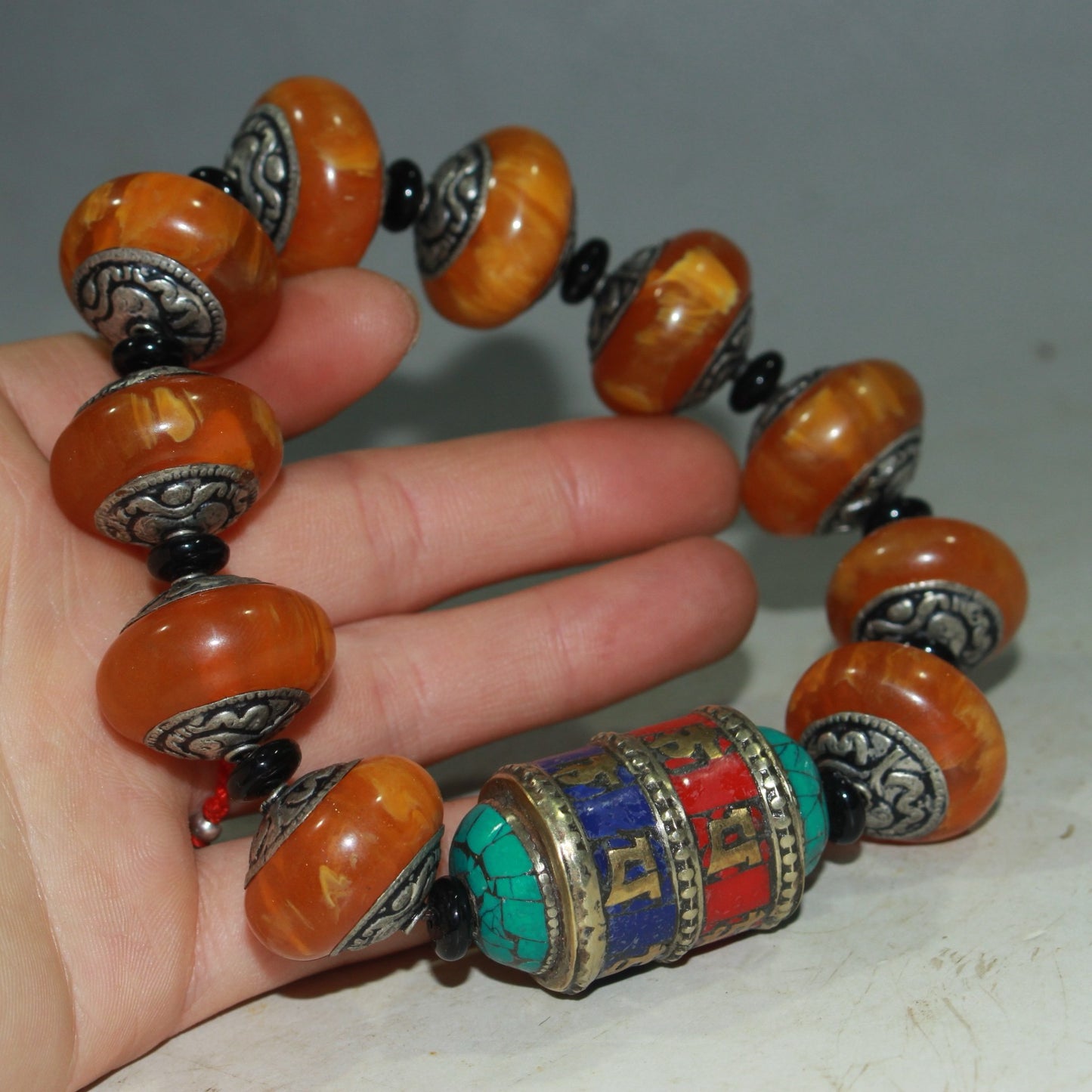 Xizang beeswax inlaid white copper beads with red pine, green pine, turquoise gold gem Tibetan scripture turning bracelet