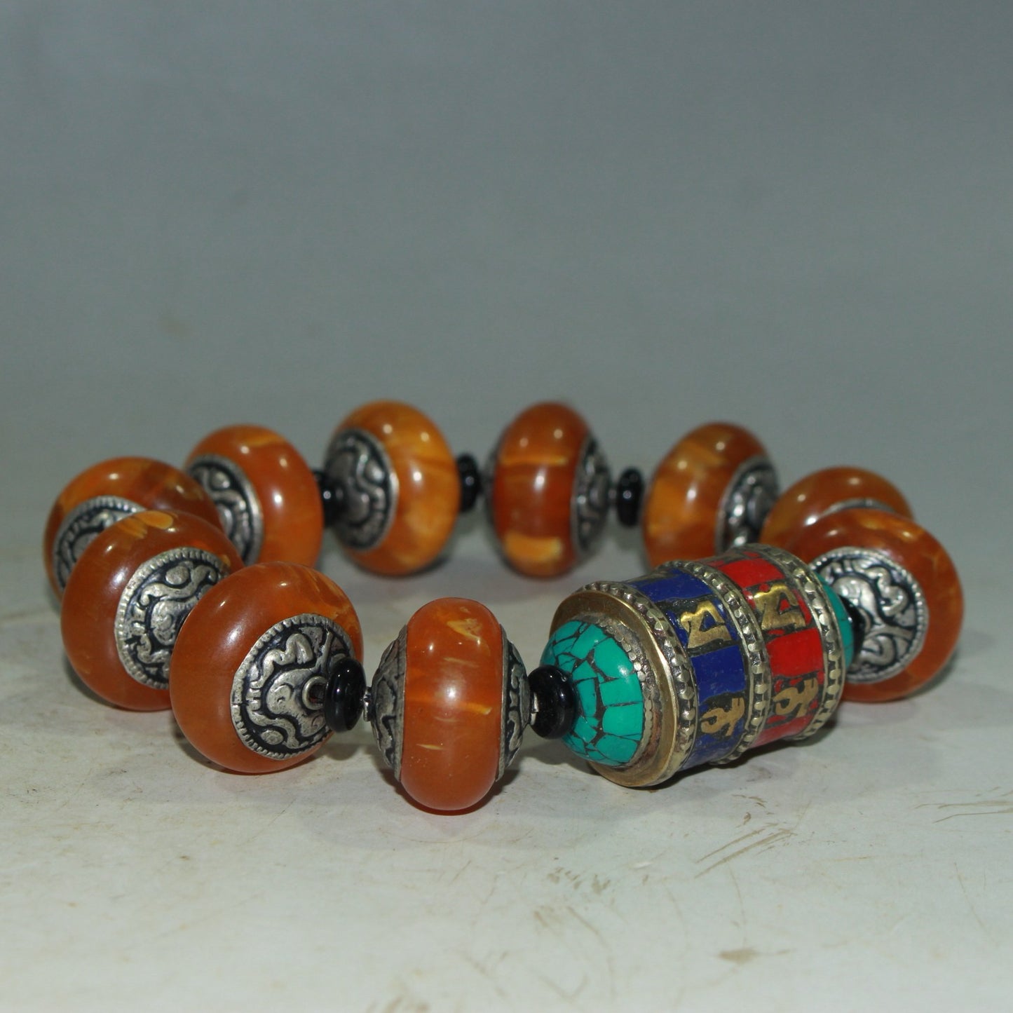 Xizang beeswax inlaid white copper beads with red pine, green pine, turquoise gold gem Tibetan scripture turning bracelet