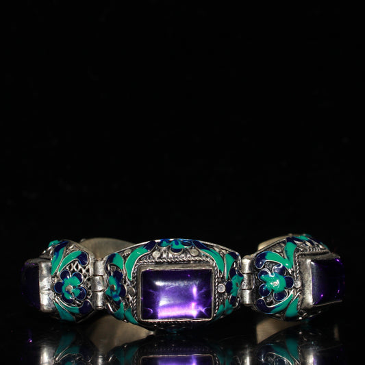 Early collection of white copper inlaid zircon gemstone cloisonn é wire bracelet