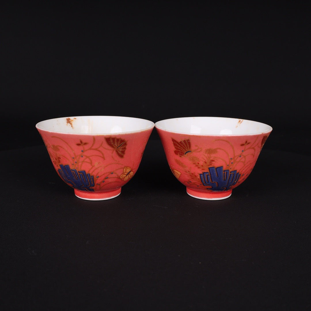 A pair of Chinese antique pink autumn cups