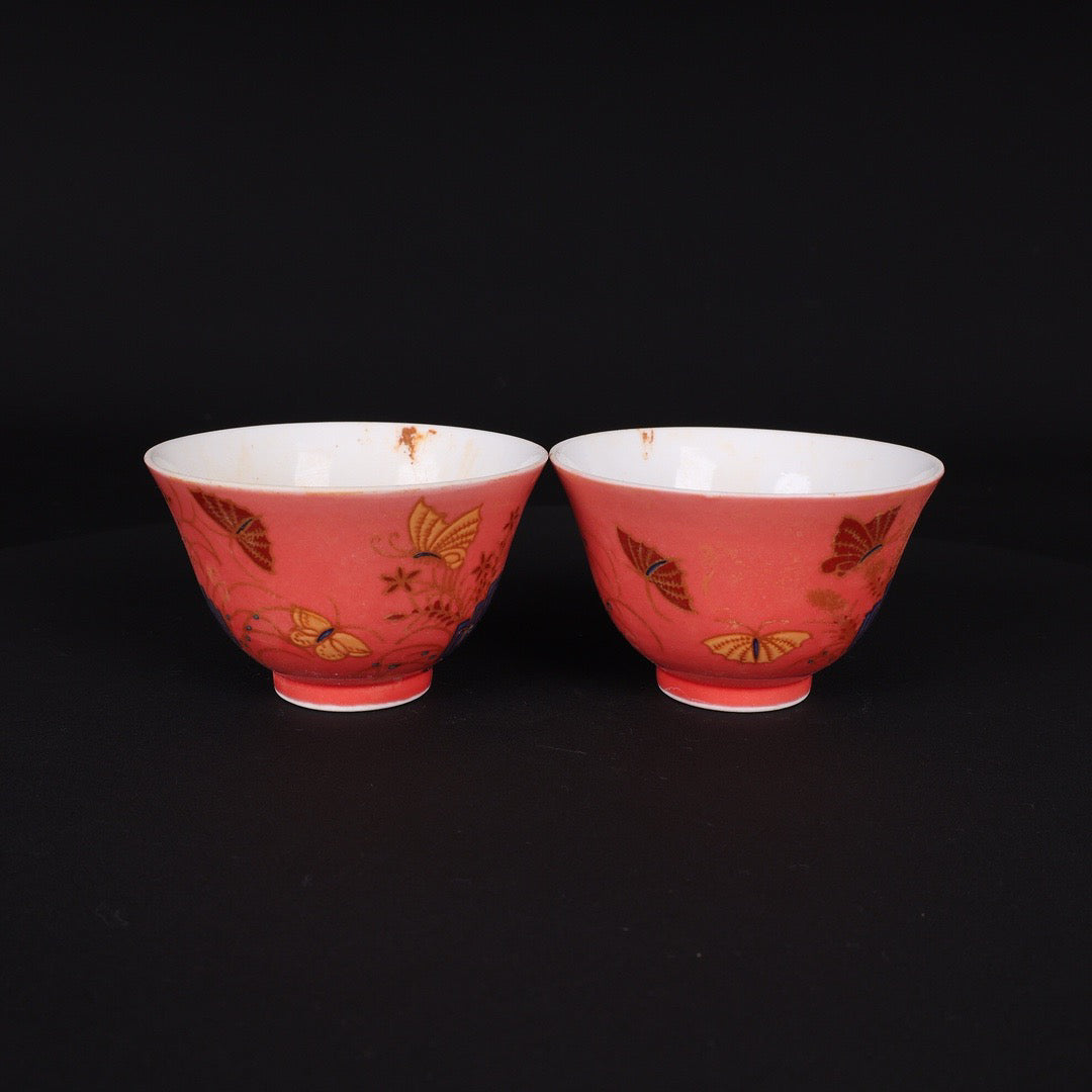 A pair of Chinese antique pink autumn cups