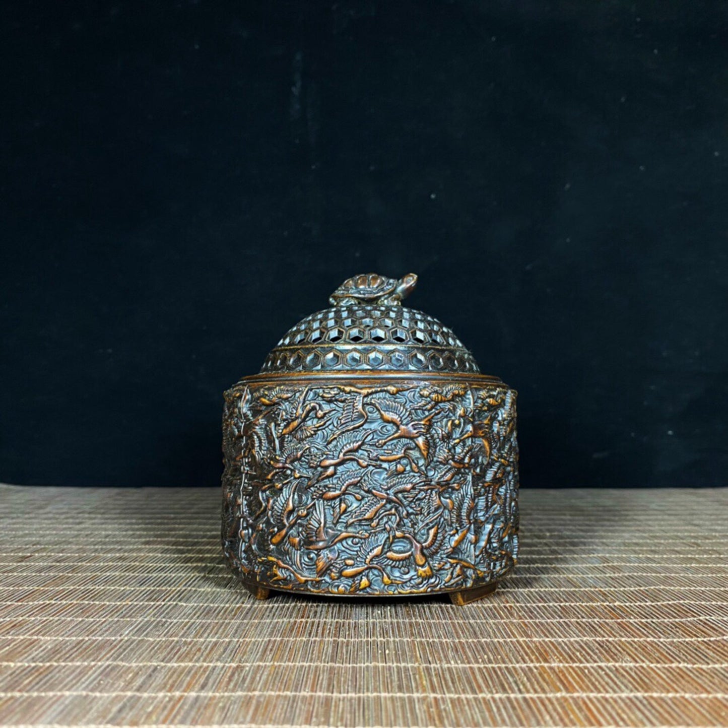 Chinese Antique Pure Copper Relief Turtle Thousand Crane Stove